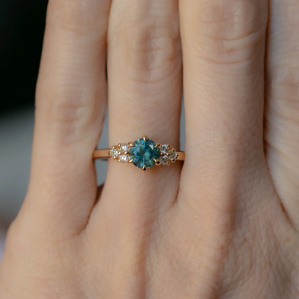 0.87ct Round Teal Blue Montana Sapphire and Diamond Cluster Ring in 18k Yellow Gold