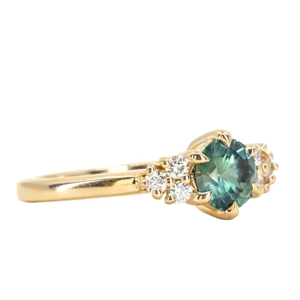 0.87ct Round Teal Blue Montana Sapphire and Diamond Cluster Ring in 18k Yellow Gold