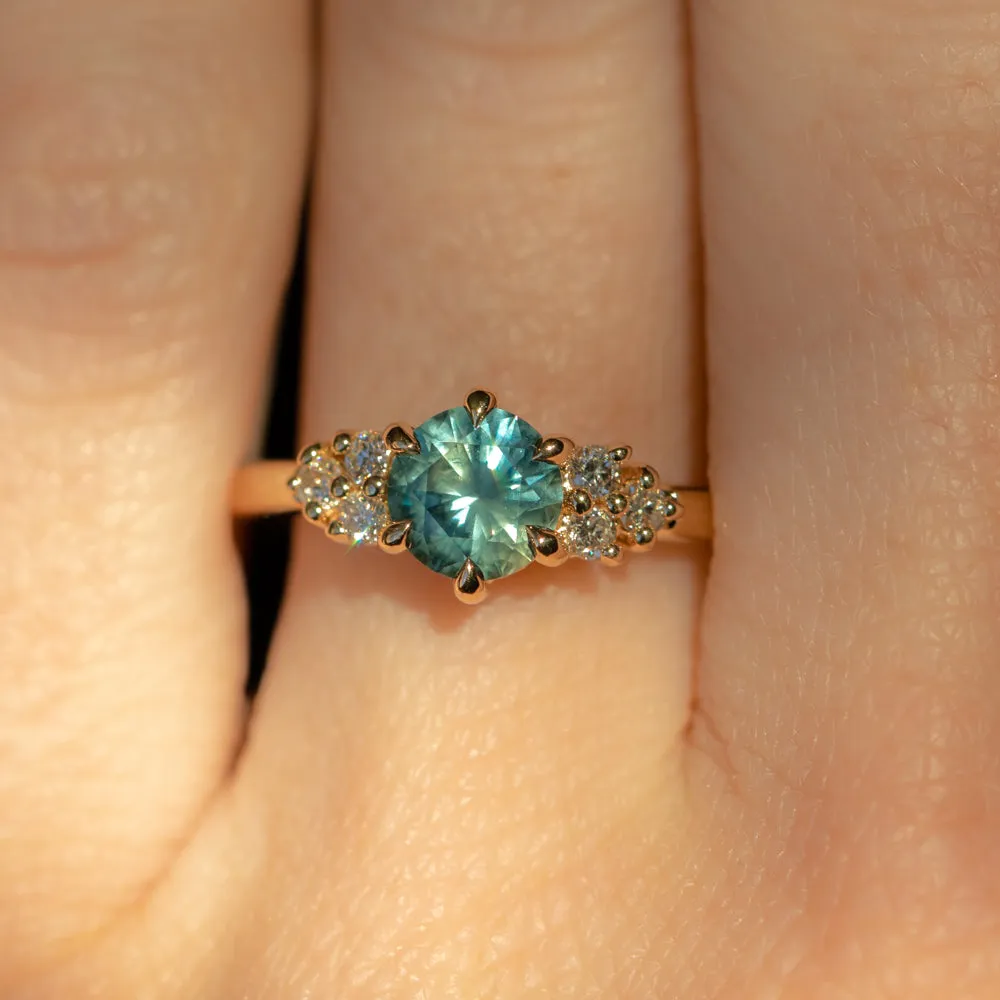 0.87ct Round Teal Blue Montana Sapphire and Diamond Cluster Ring in 18k Yellow Gold