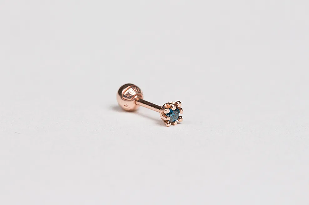 14k 18k Gold 2mm Natural Blue Diamond Tragus Cartilage Ball Back Barbell Piercing Earring