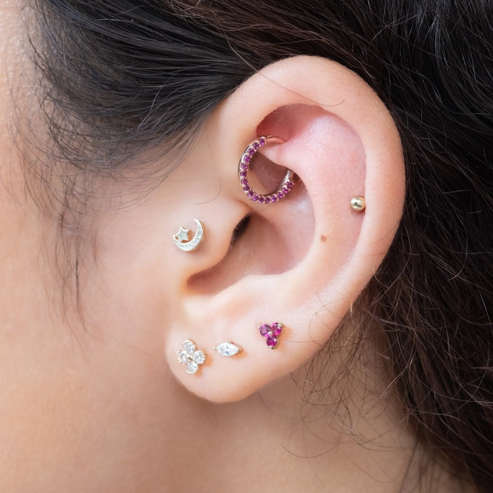 14K Gold Ruby Trinity Helix Cartilage Tragus Conch Internally Threaded Flat Back Earring Labret Stud