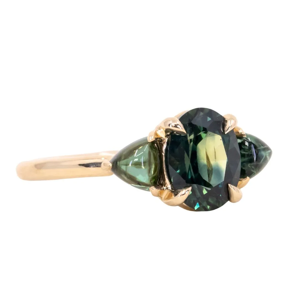 1.63ct Oval African Teal Blue Sapphire and Tourmaline Cabochon Trillion Three Stone Ring in 14K Yellow Gold