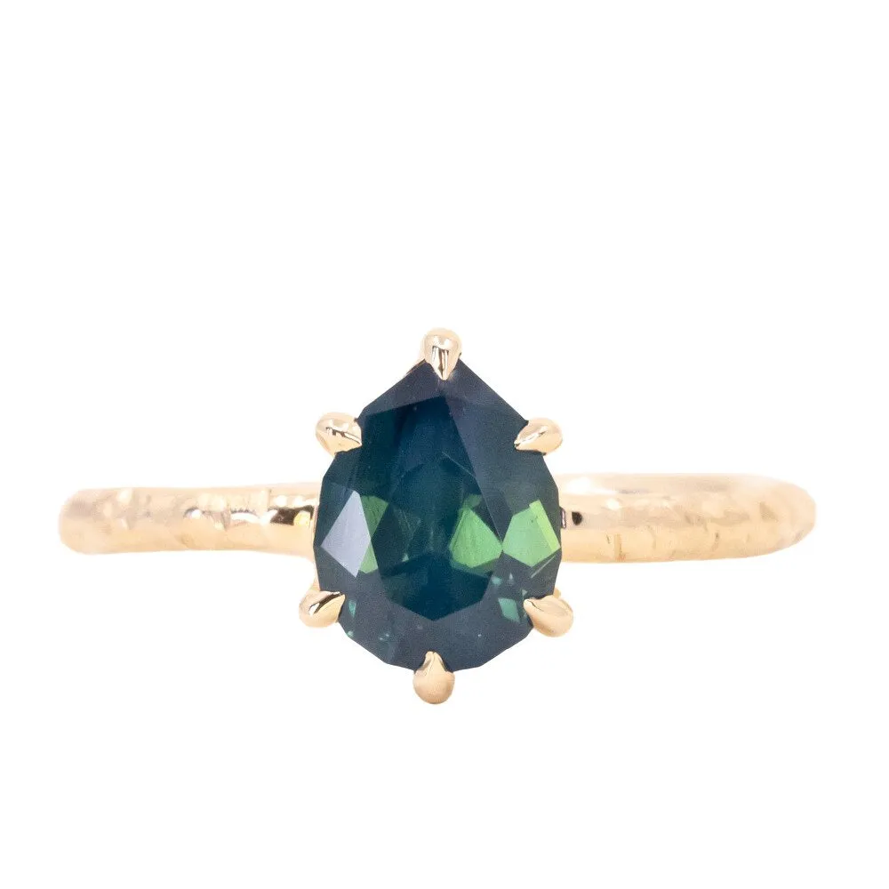 1.71ct Teal Modern Pear Sapphire Low Profile 6 Prong Evergreen Solitaire in 14k Yellow Gold