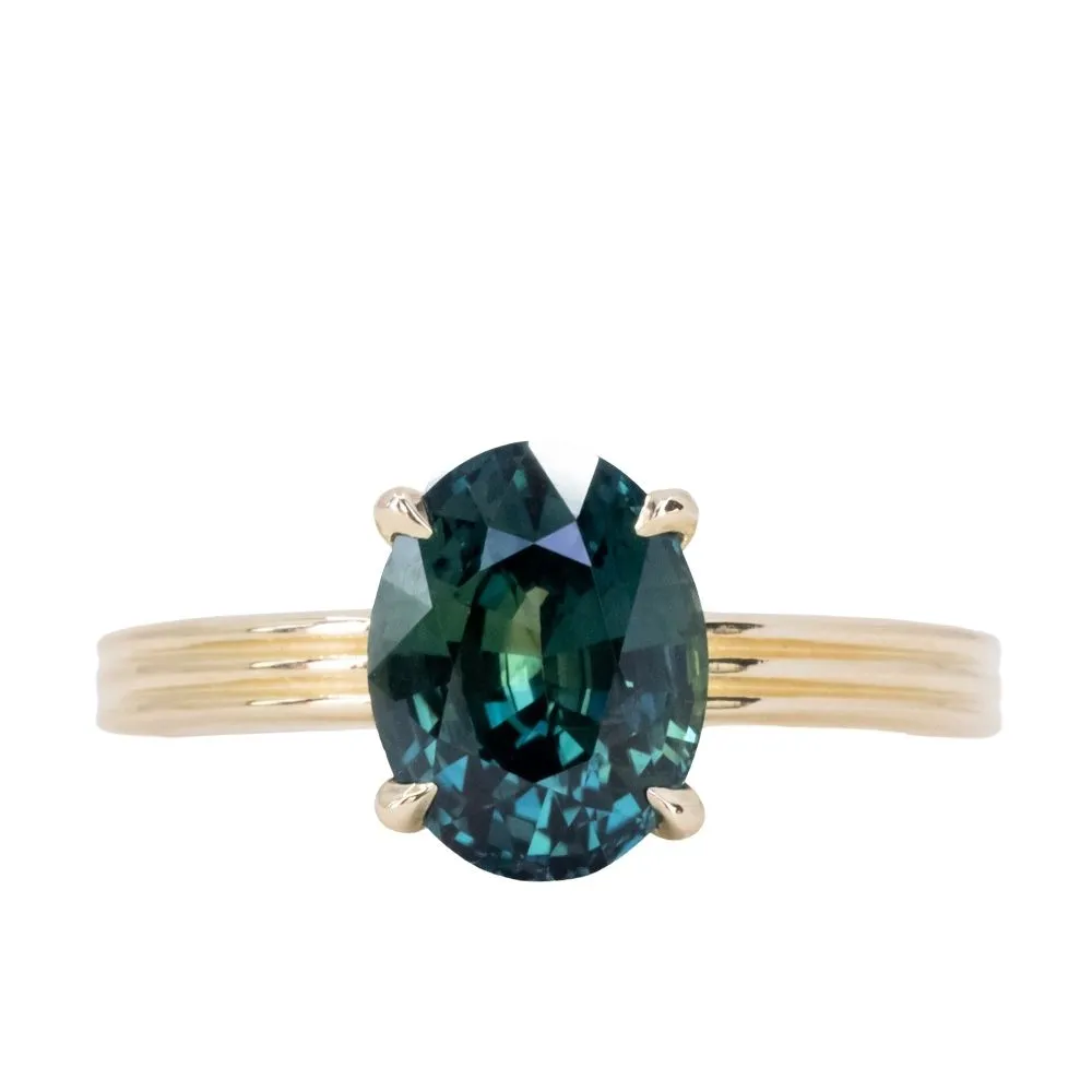 3.59ct Oval Deep Teal Madagascar Sapphire Low Profile Tri-Band Three Winds 4 Prong Solitaire in 14k Yellow Gold