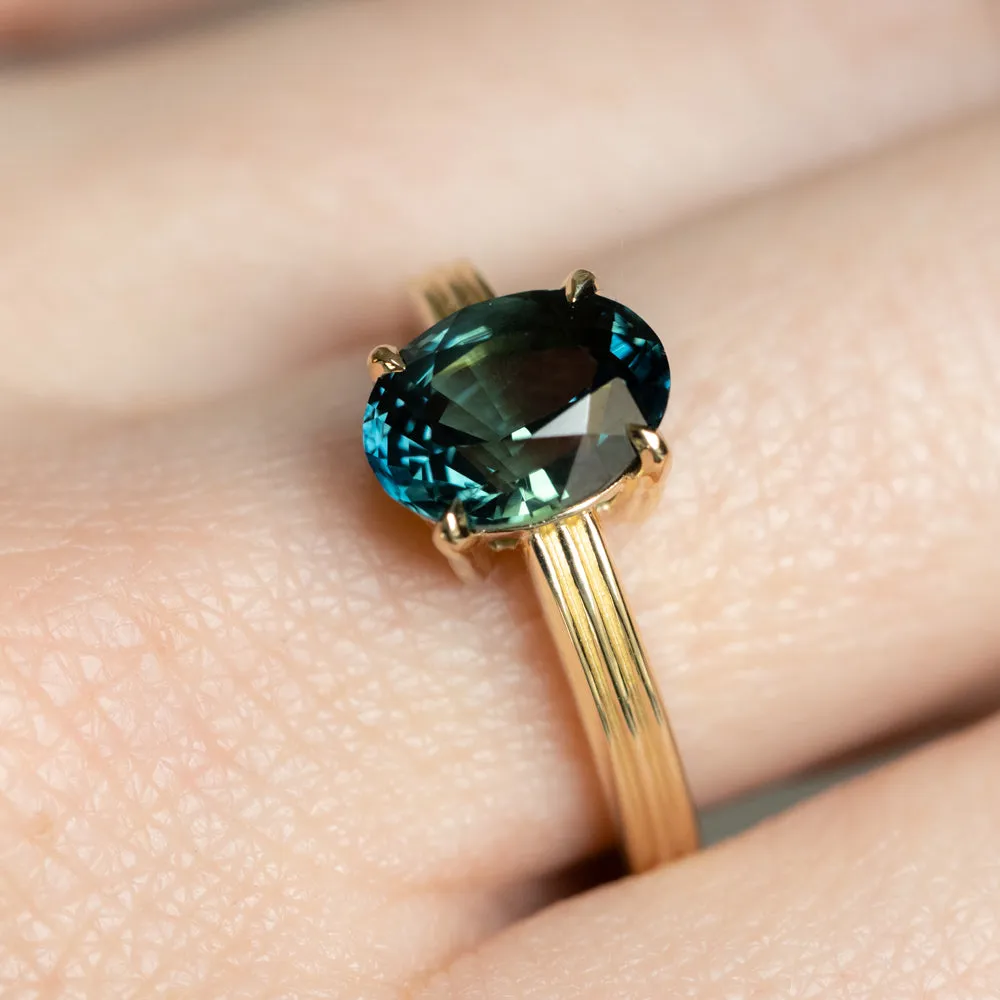 3.59ct Oval Deep Teal Madagascar Sapphire Low Profile Tri-Band Three Winds 4 Prong Solitaire in 14k Yellow Gold