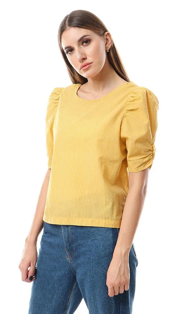 56571 Puffed Short Sleeves Striped Mustard Blouse