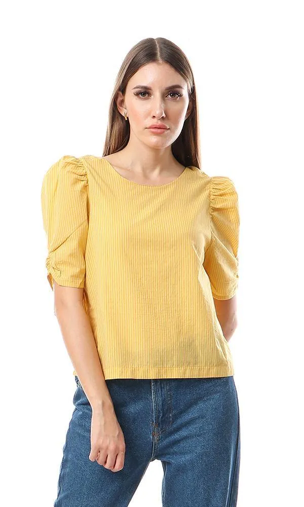 56571 Puffed Short Sleeves Striped Mustard Blouse