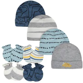 8-Piece Baby Boys Dino Caps & Mittens Set