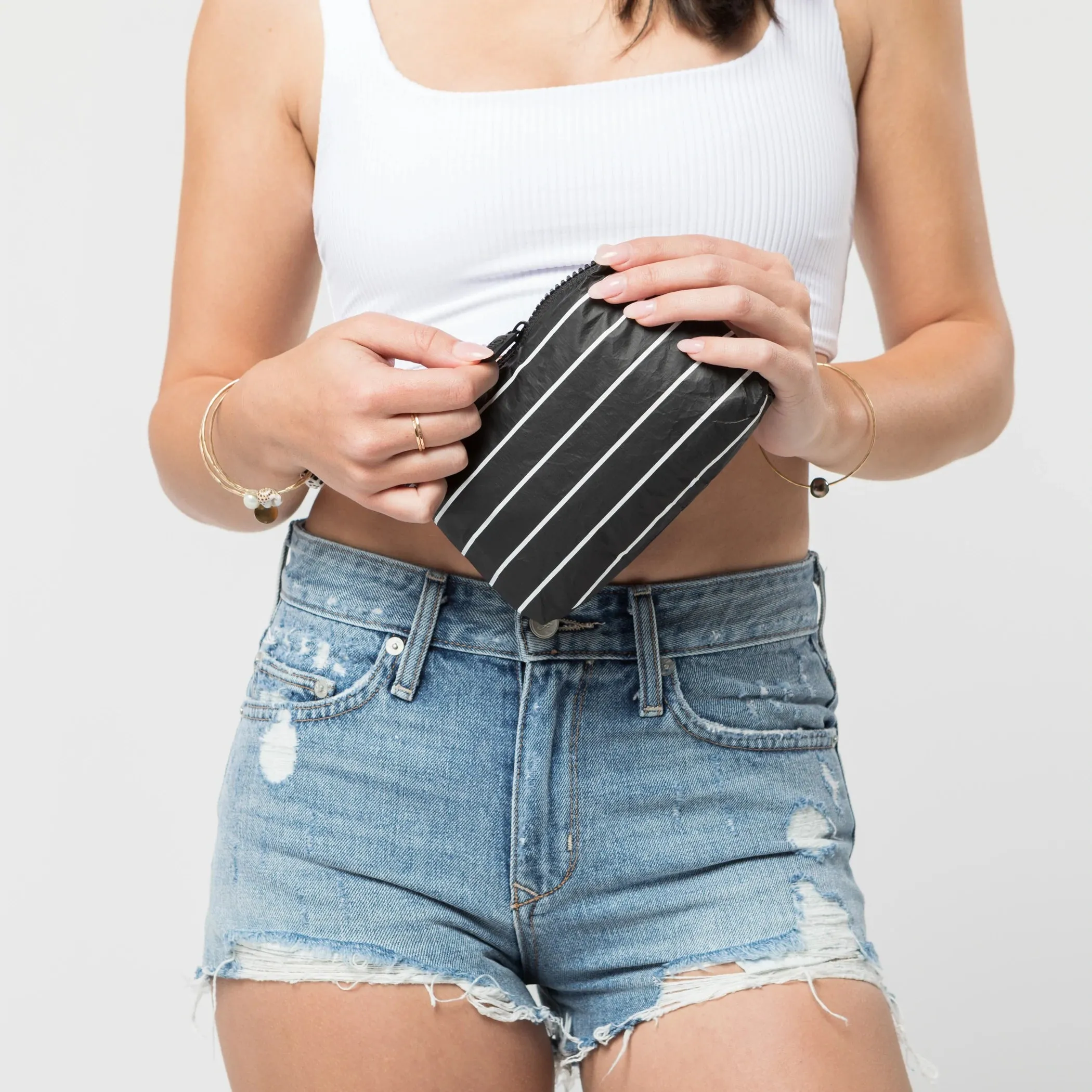 Aloha Mini Pinstripe Pouch in White on Black