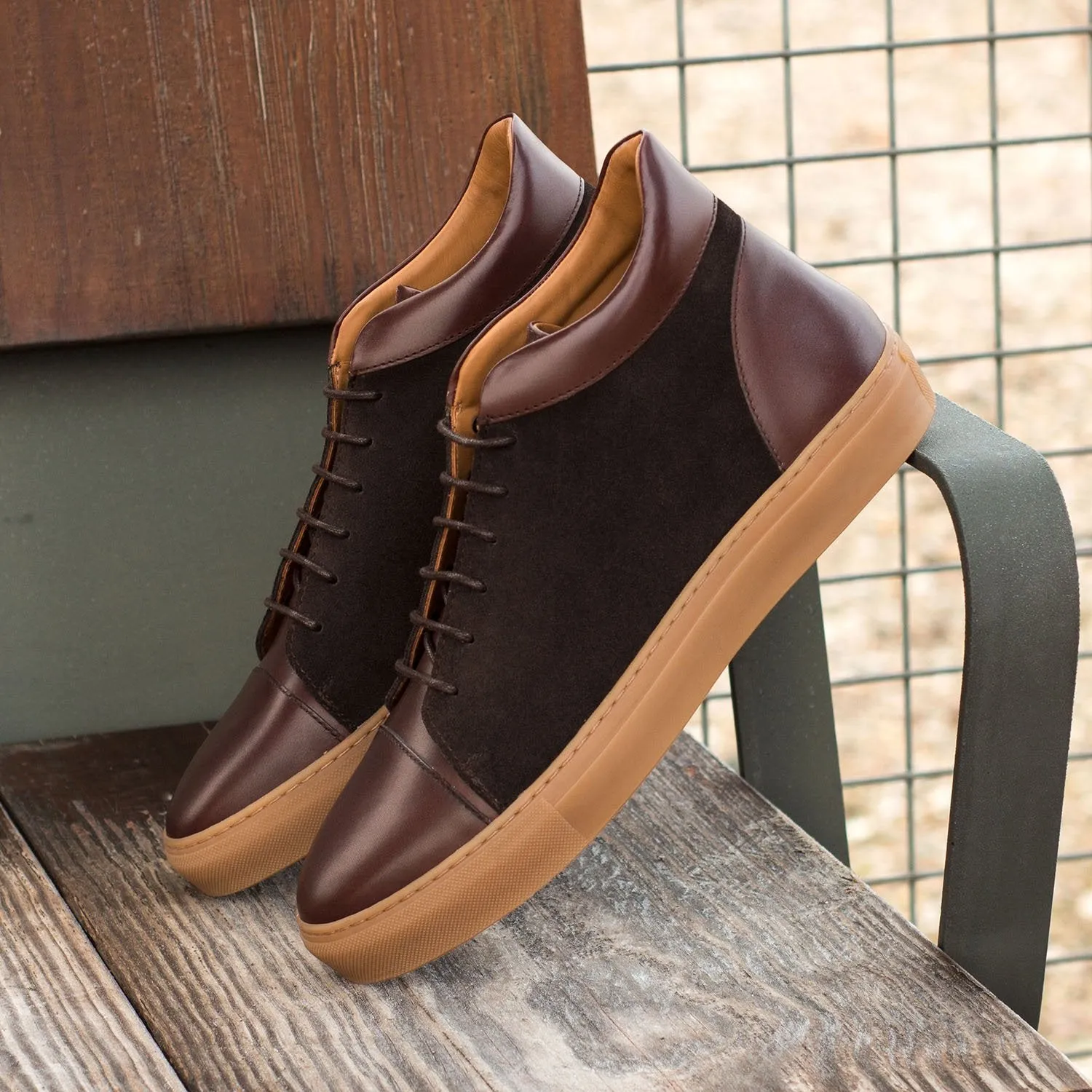 Ambrogio Bespoke Custom Men's Shoes Dark Brown Suede / Calf-Skin Leather High-Top Sneakers (AMB2002)