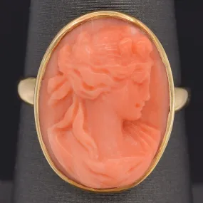 Antique 14K Yellow Gold Red Coral Cameo Cocktail Ring Size 7