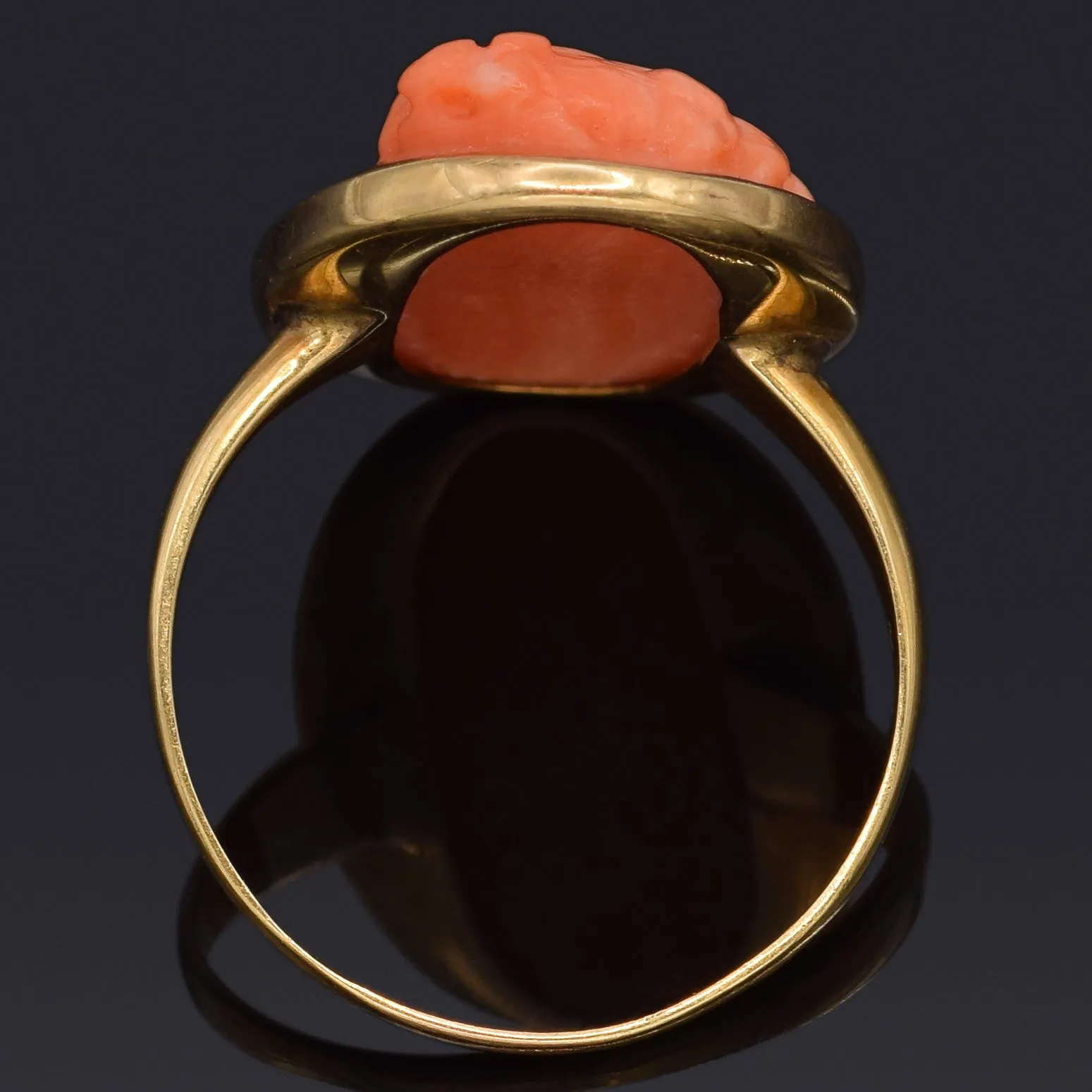 Antique 14K Yellow Gold Red Coral Cameo Cocktail Ring Size 7