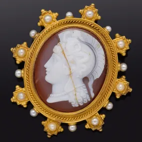 Antique 19th Century 18K Yellow Gold Cameo & Sea Pearl Roman Soldier Brooch Pin