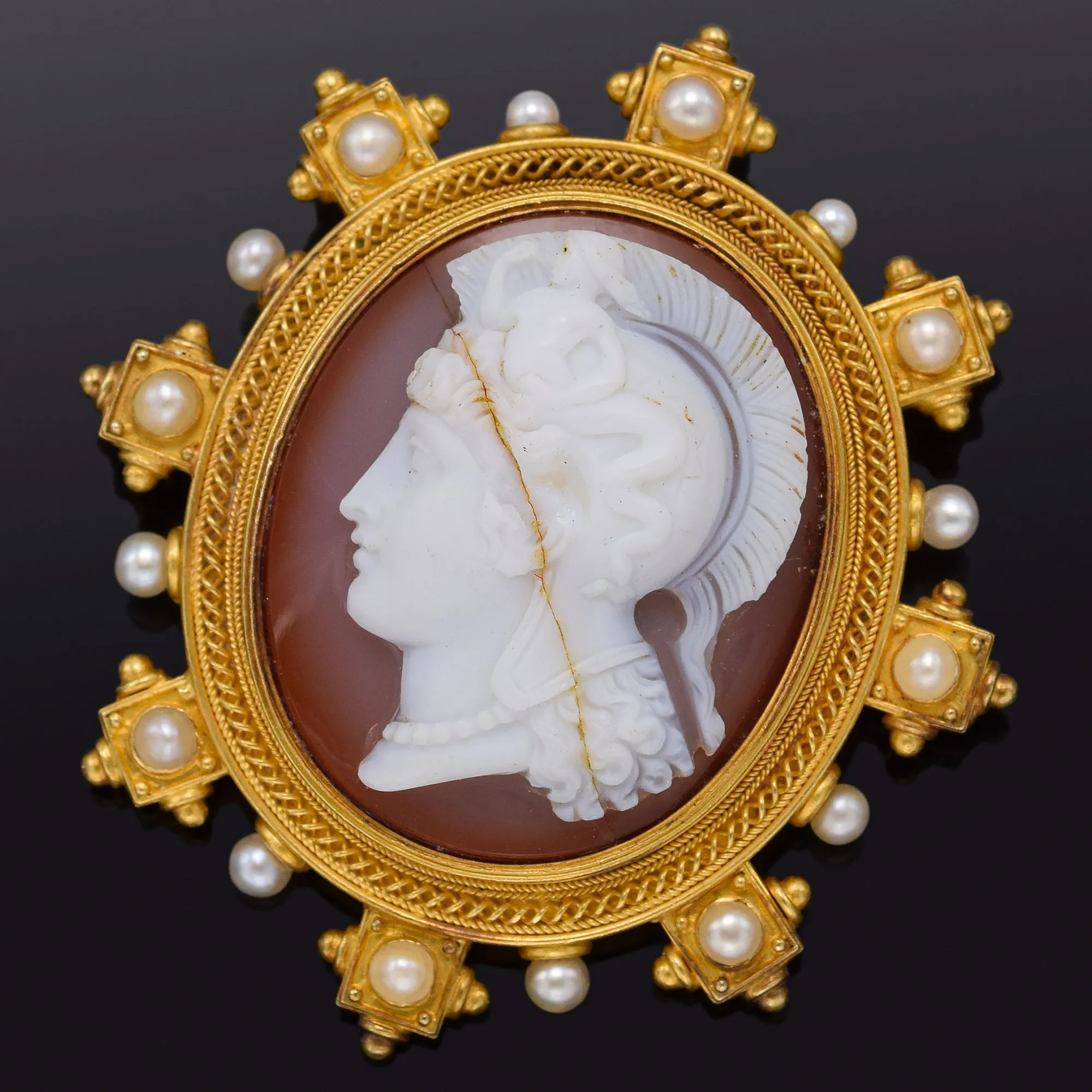 Antique 19th Century 18K Yellow Gold Cameo & Sea Pearl Roman Soldier Brooch Pin