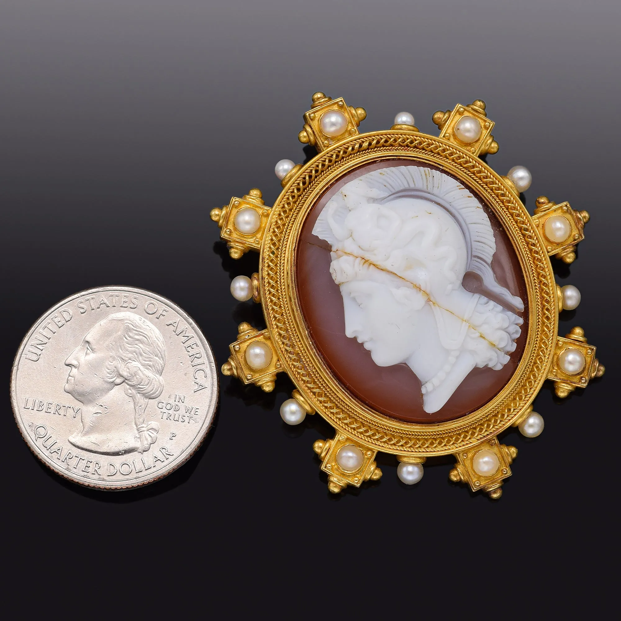 Antique 19th Century 18K Yellow Gold Cameo & Sea Pearl Roman Soldier Brooch Pin