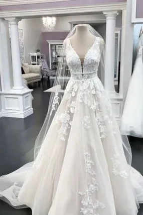 Beaded Chiffon A-line Wedding Dress with Short Sleeves and V-neckline, WD23022411