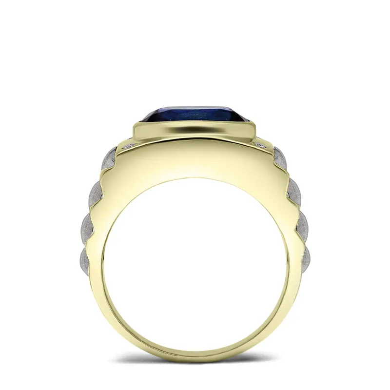 Blue Gemstone Men's Ring in 14k Yellow Gold with 0.08ct Natural Diamonds Accented 5 Stone Band