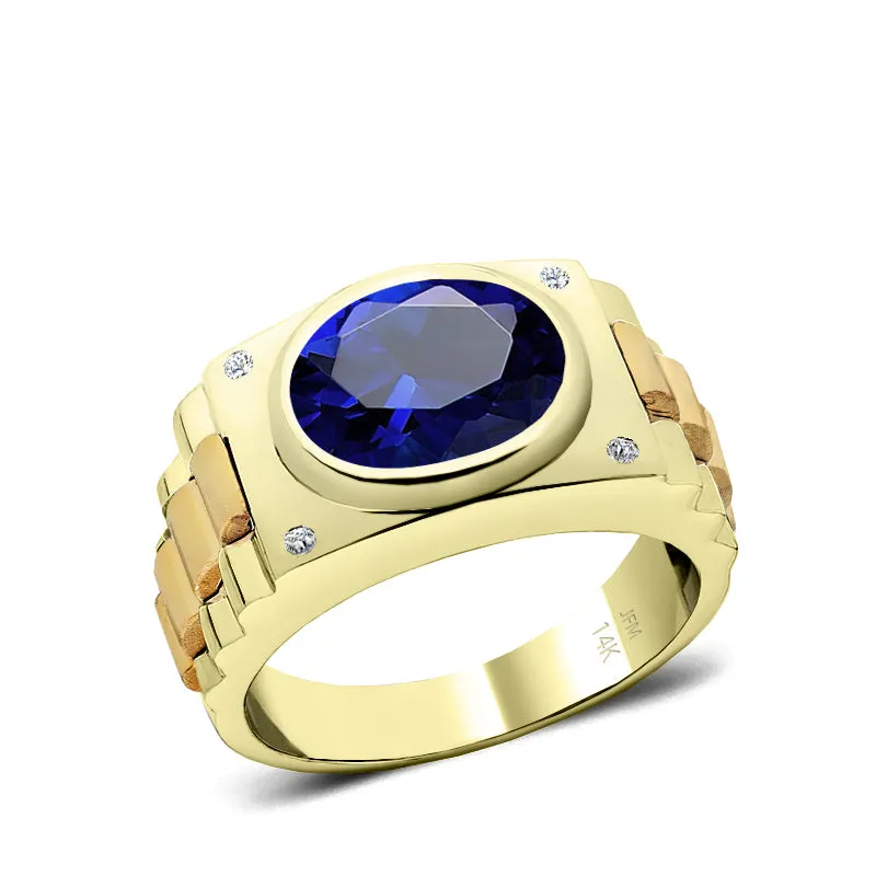 Blue Gemstone Men's Ring in 14k Yellow Gold with 0.08ct Natural Diamonds Accented 5 Stone Band