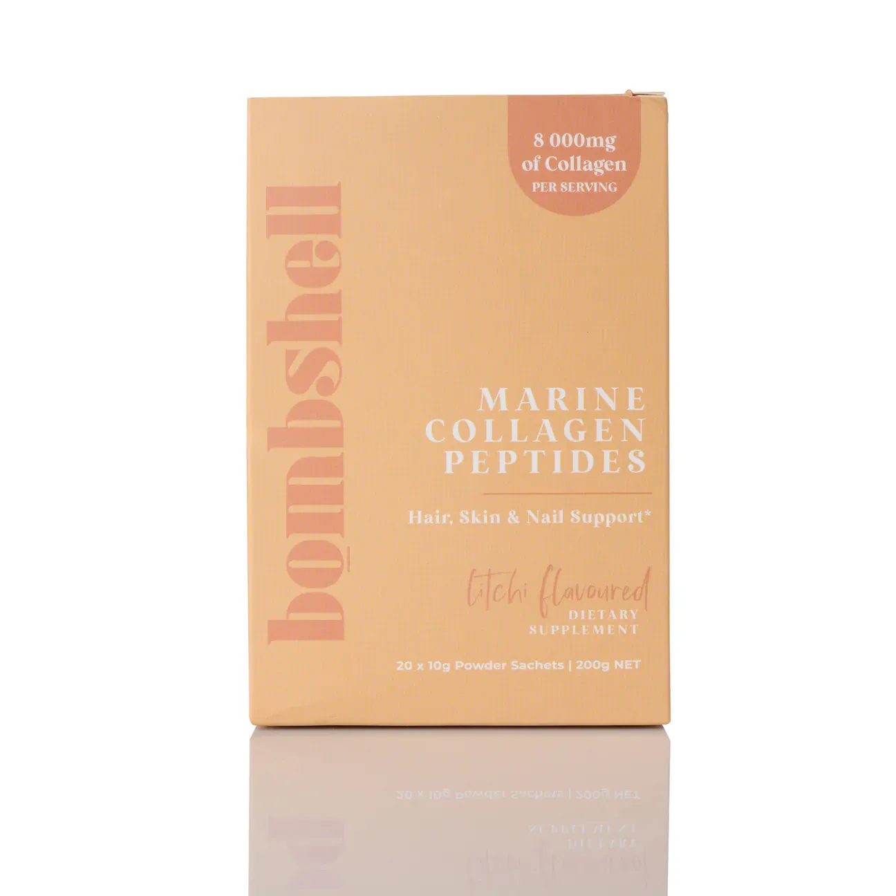 BOMBSHELL LITCHI FLAVOURED MARINE COLLAGEN SACHETS (20X10G SACHETS)