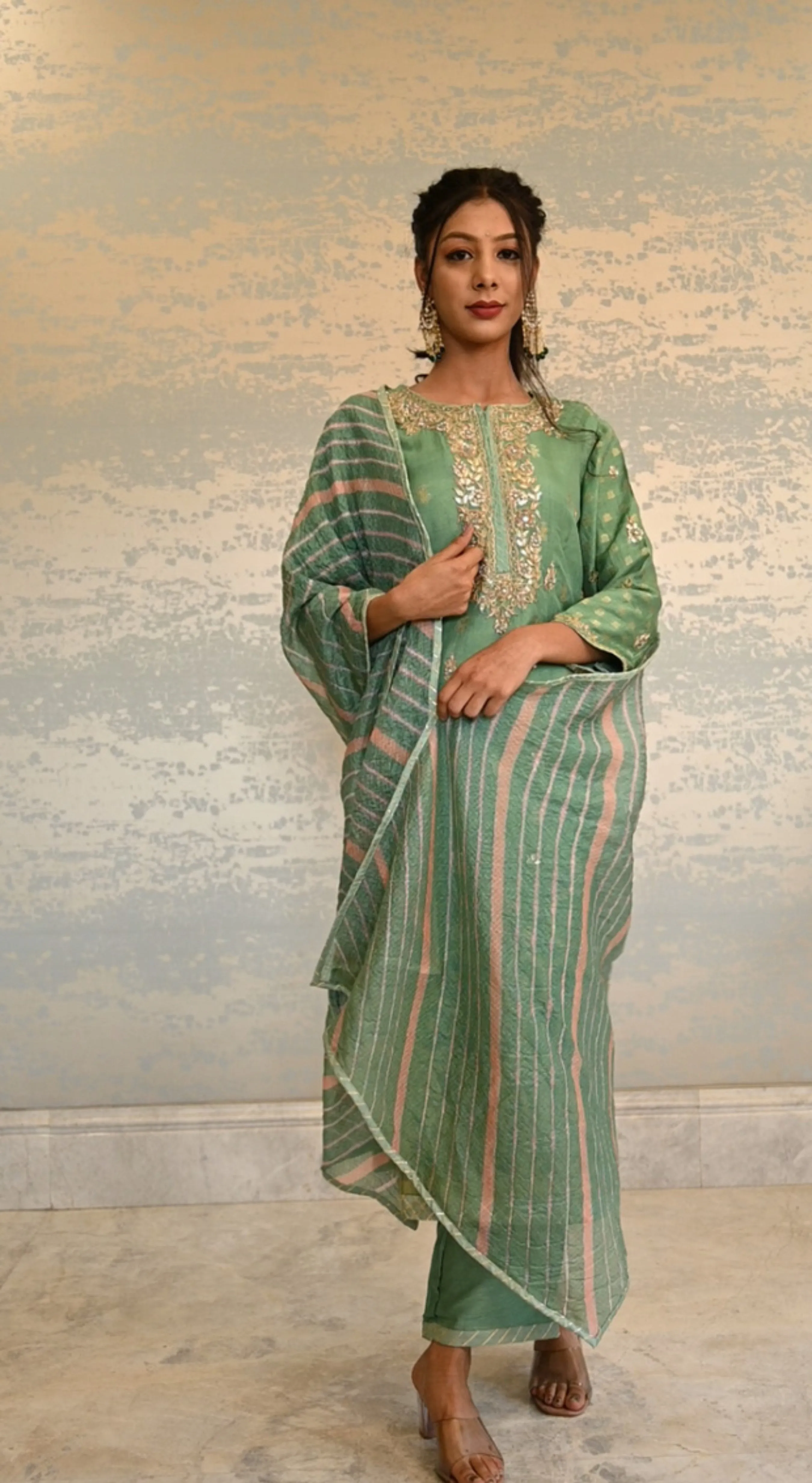 Chanderi Suit Stitched with Gota Patti work.