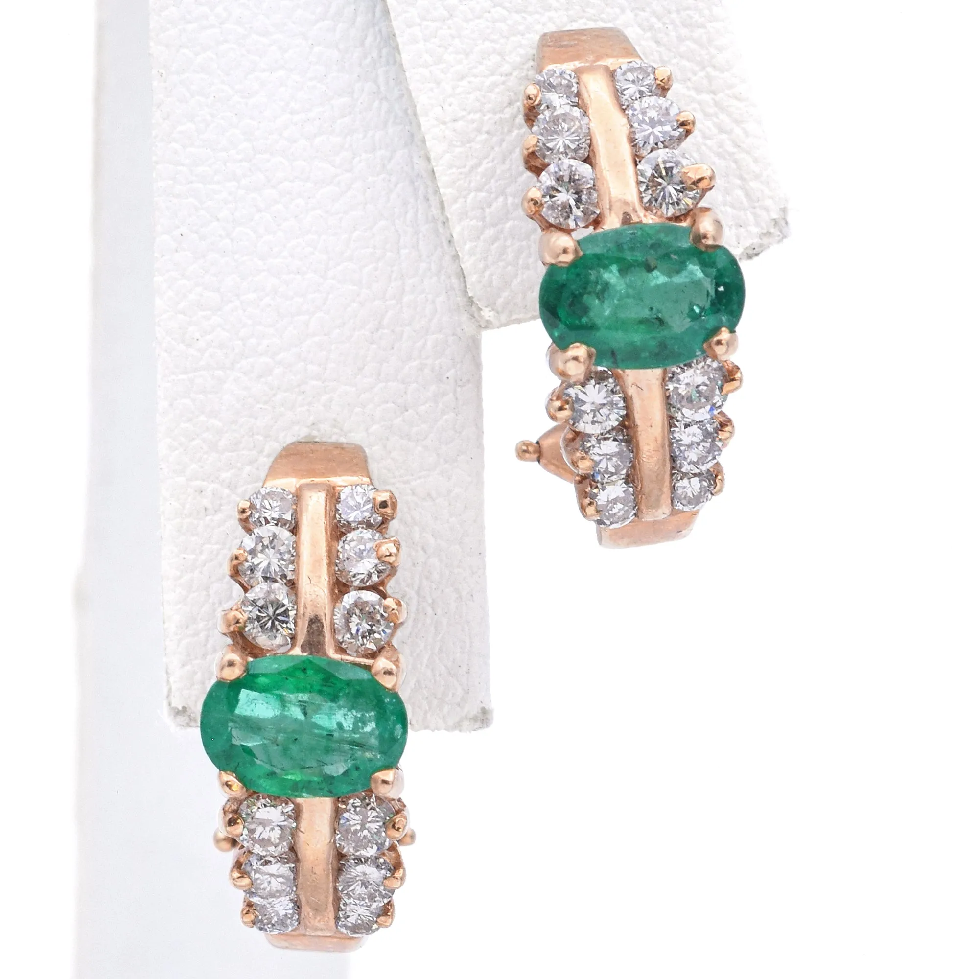 Estate 14K Yellow Gold Emerald & 0.26 TCW Diamond Omega Back Semi-Hoop Earrings