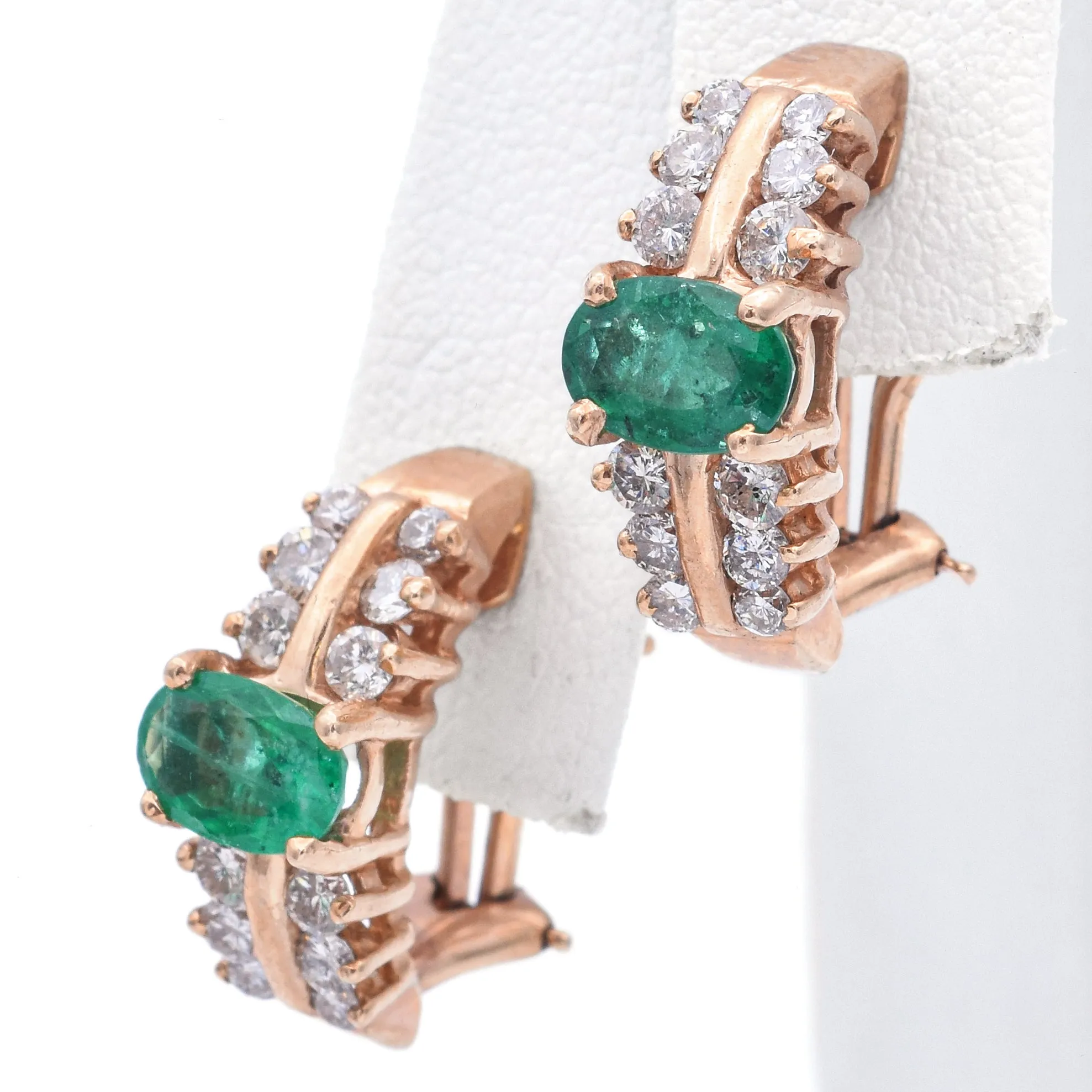 Estate 14K Yellow Gold Emerald & 0.26 TCW Diamond Omega Back Semi-Hoop Earrings