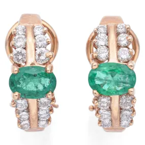 Estate 14K Yellow Gold Emerald & 0.26 TCW Diamond Omega Back Semi-Hoop Earrings