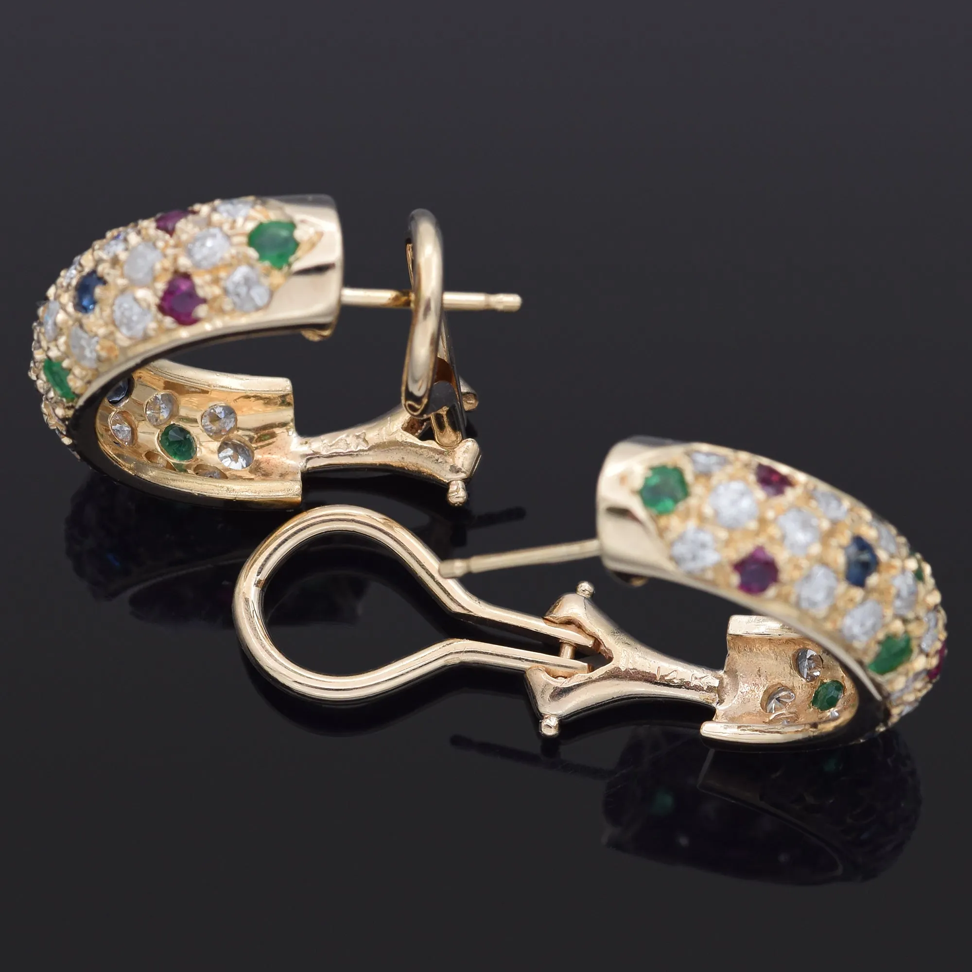 Estate 14K Yellow Gold Multi-Stone & 1.26 TCW Diamond Semi-Hoop Earrings