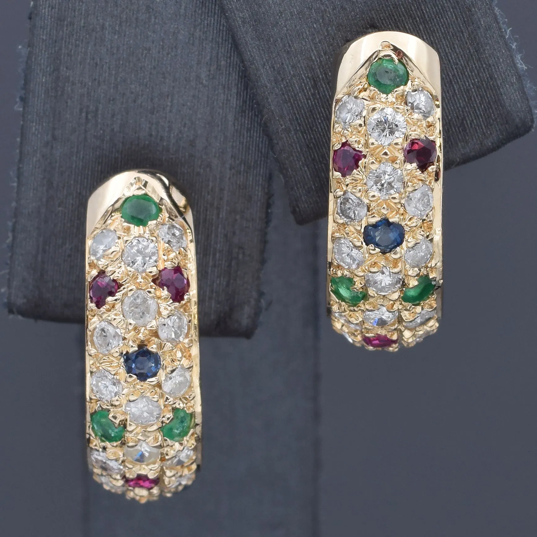 Estate 14K Yellow Gold Multi-Stone & 1.26 TCW Diamond Semi-Hoop Earrings