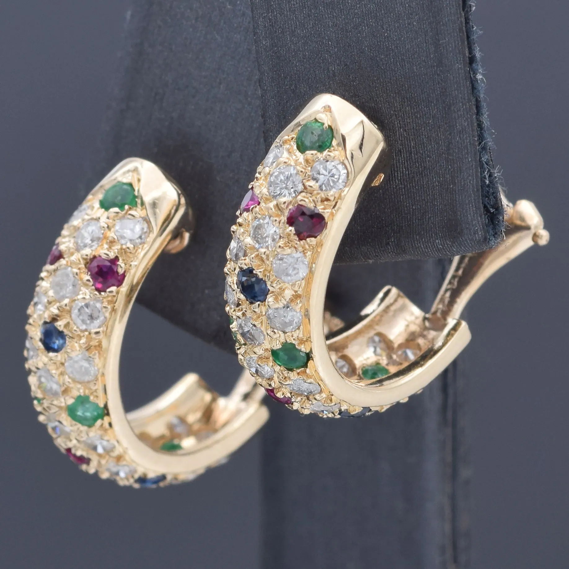 Estate 14K Yellow Gold Multi-Stone & 1.26 TCW Diamond Semi-Hoop Earrings