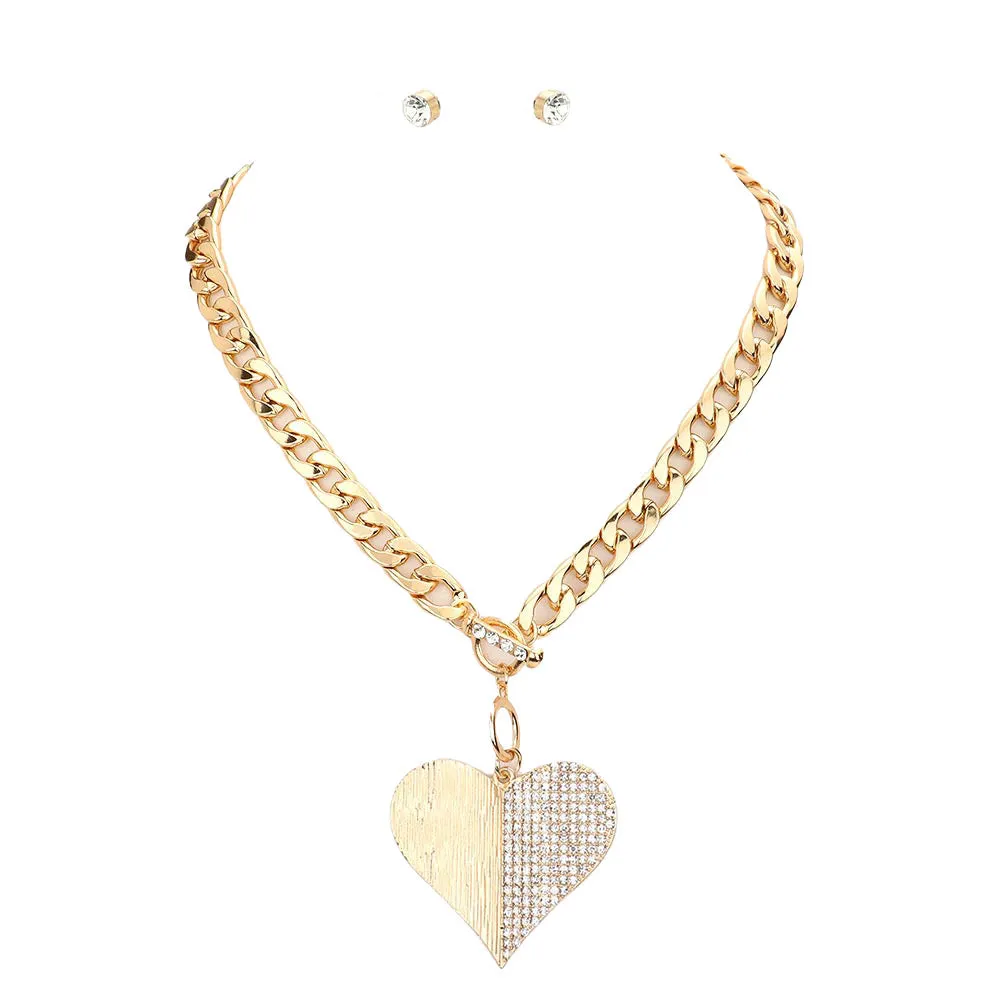 Half Rhinestone Pave Heart Pendant Toggle Necklace