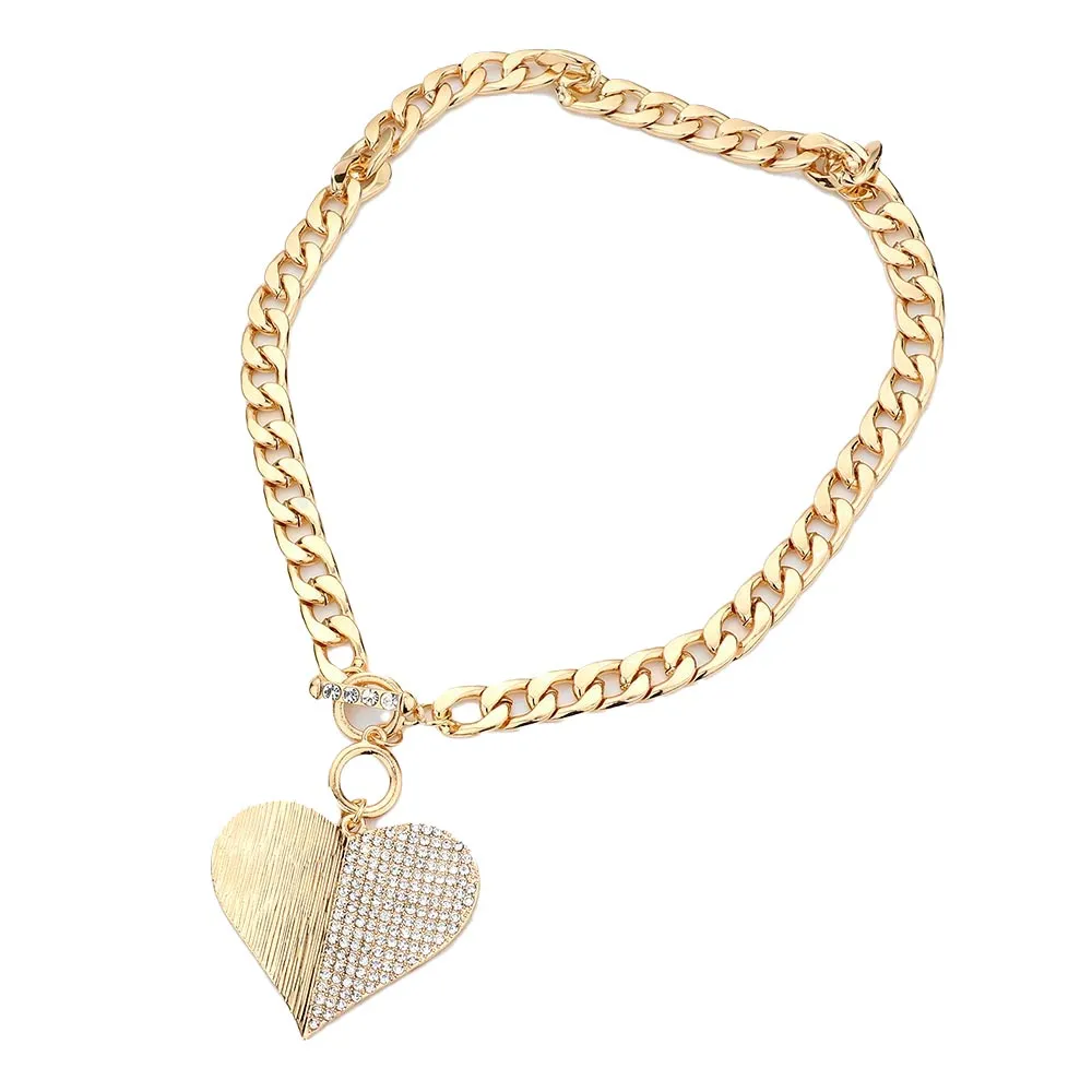 Half Rhinestone Pave Heart Pendant Toggle Necklace