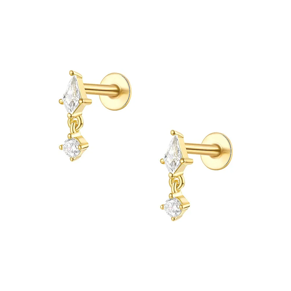 Hanging Double  CZ Diamonds  Flat Back Earrings