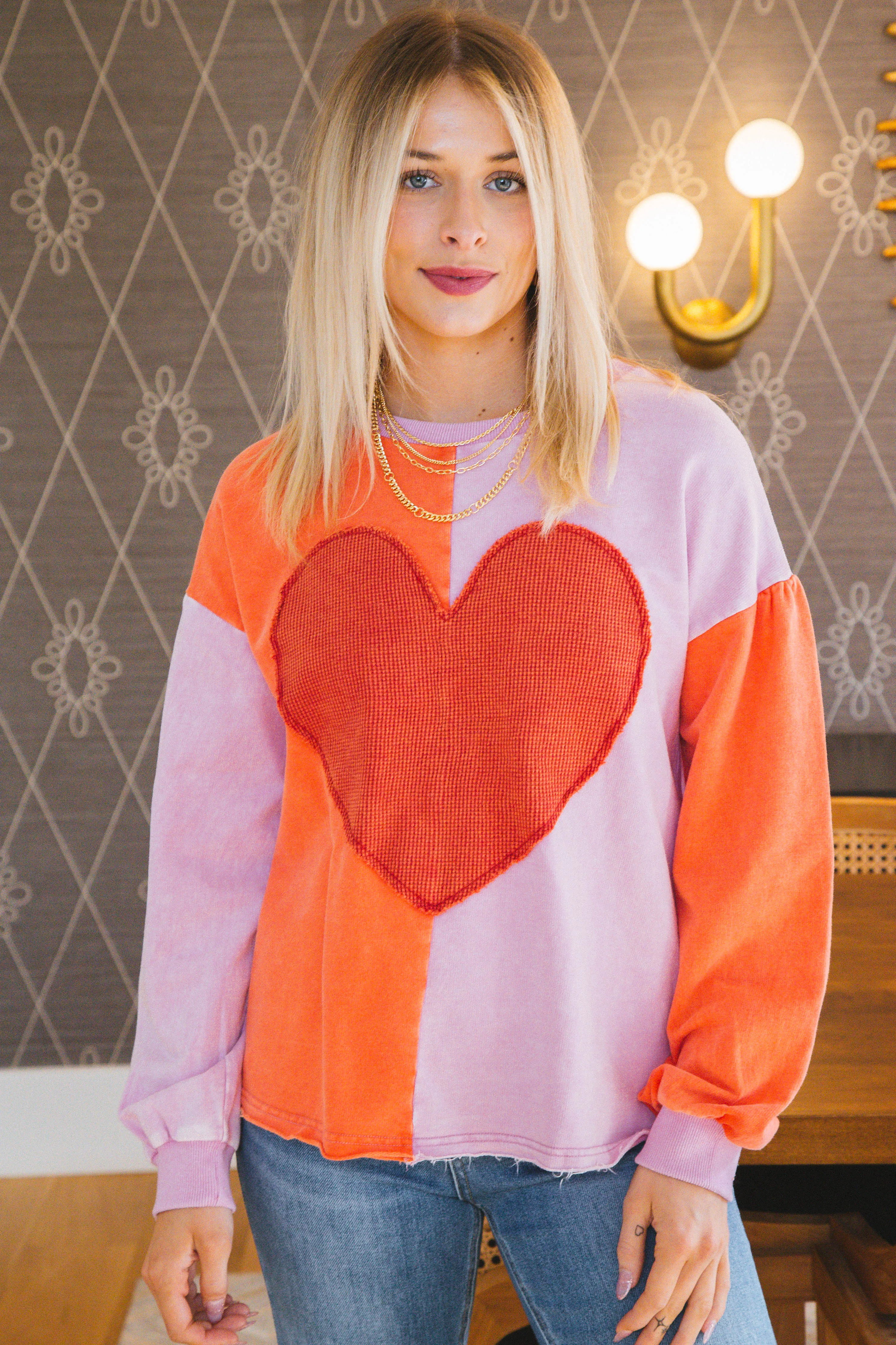 Heart Patch Color Block Pullover, Washed Red/Pink