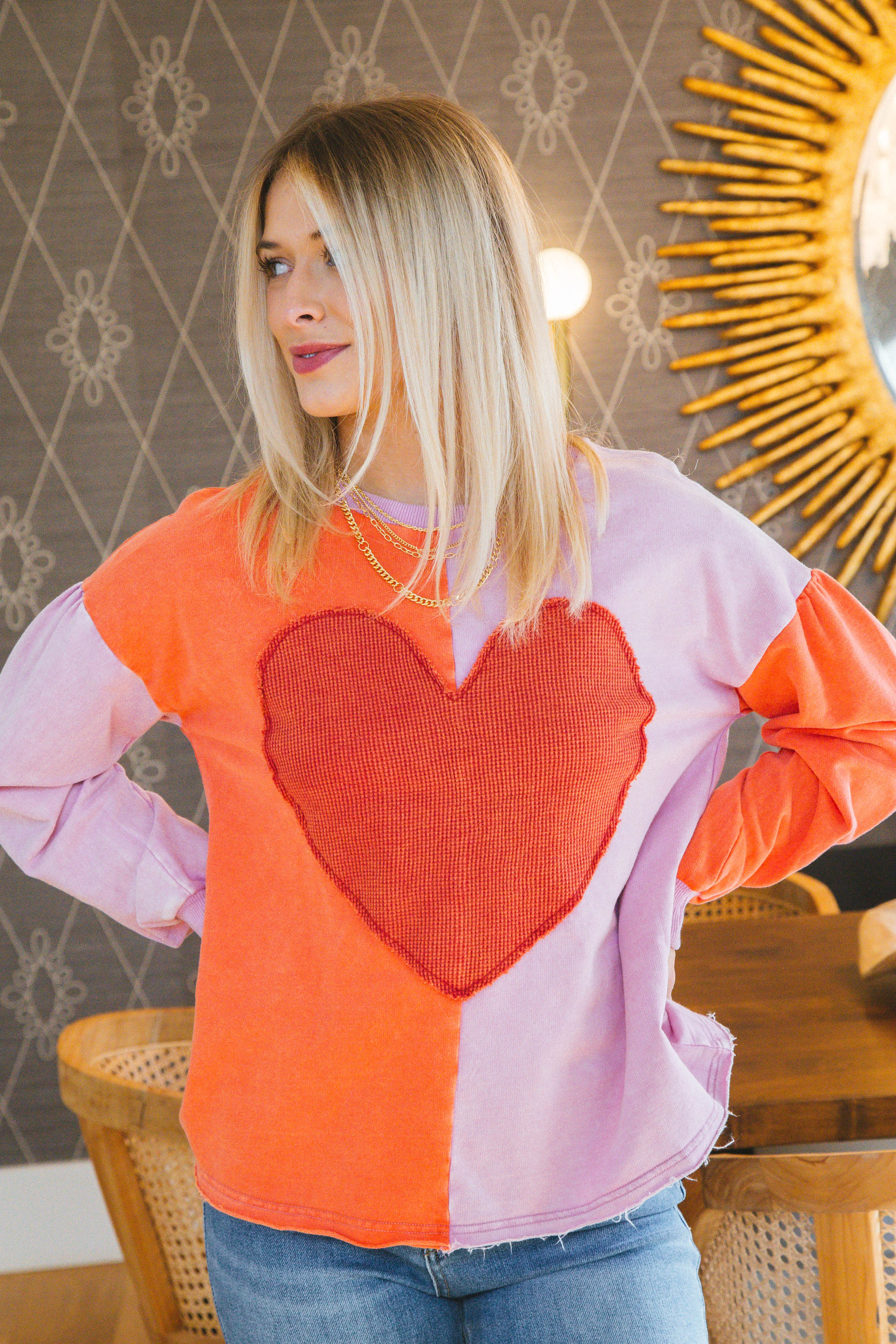 Heart Patch Color Block Pullover, Washed Red/Pink