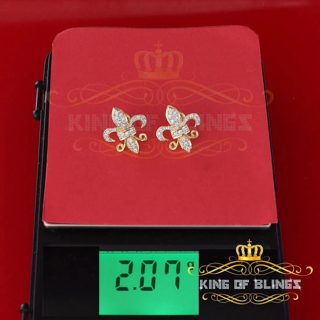 King of Bling's 925 Yellow Silver Women's Fleur de Lis Screw Back 0.36ct Cubic Zirconia Earrings