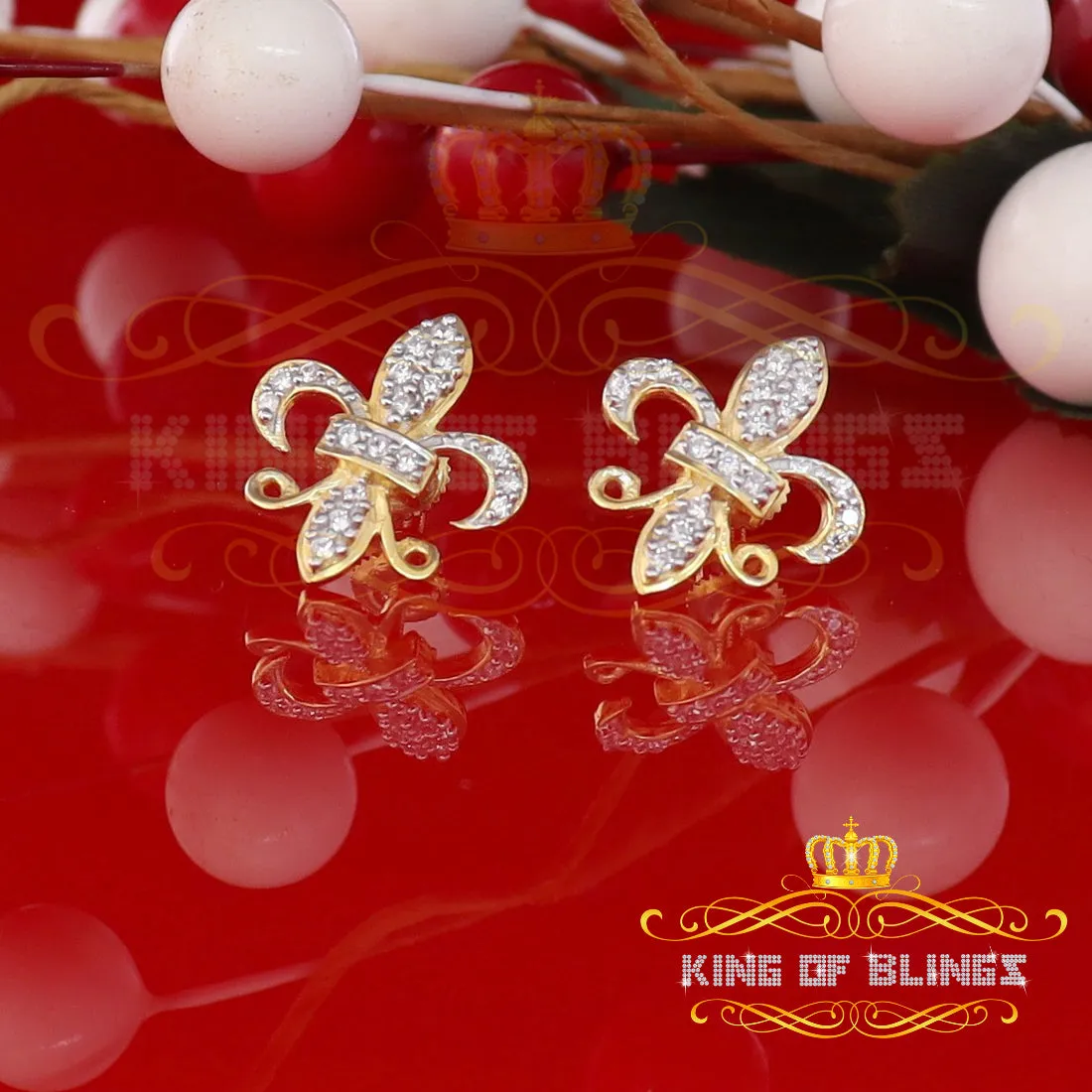 King of Bling's 925 Yellow Silver Women's Fleur de Lis Screw Back 0.36ct Cubic Zirconia Earrings