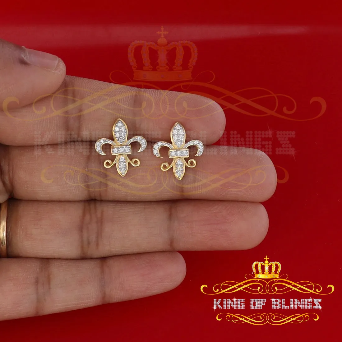 King of Bling's 925 Yellow Silver Women's Fleur de Lis Screw Back 0.36ct Cubic Zirconia Earrings