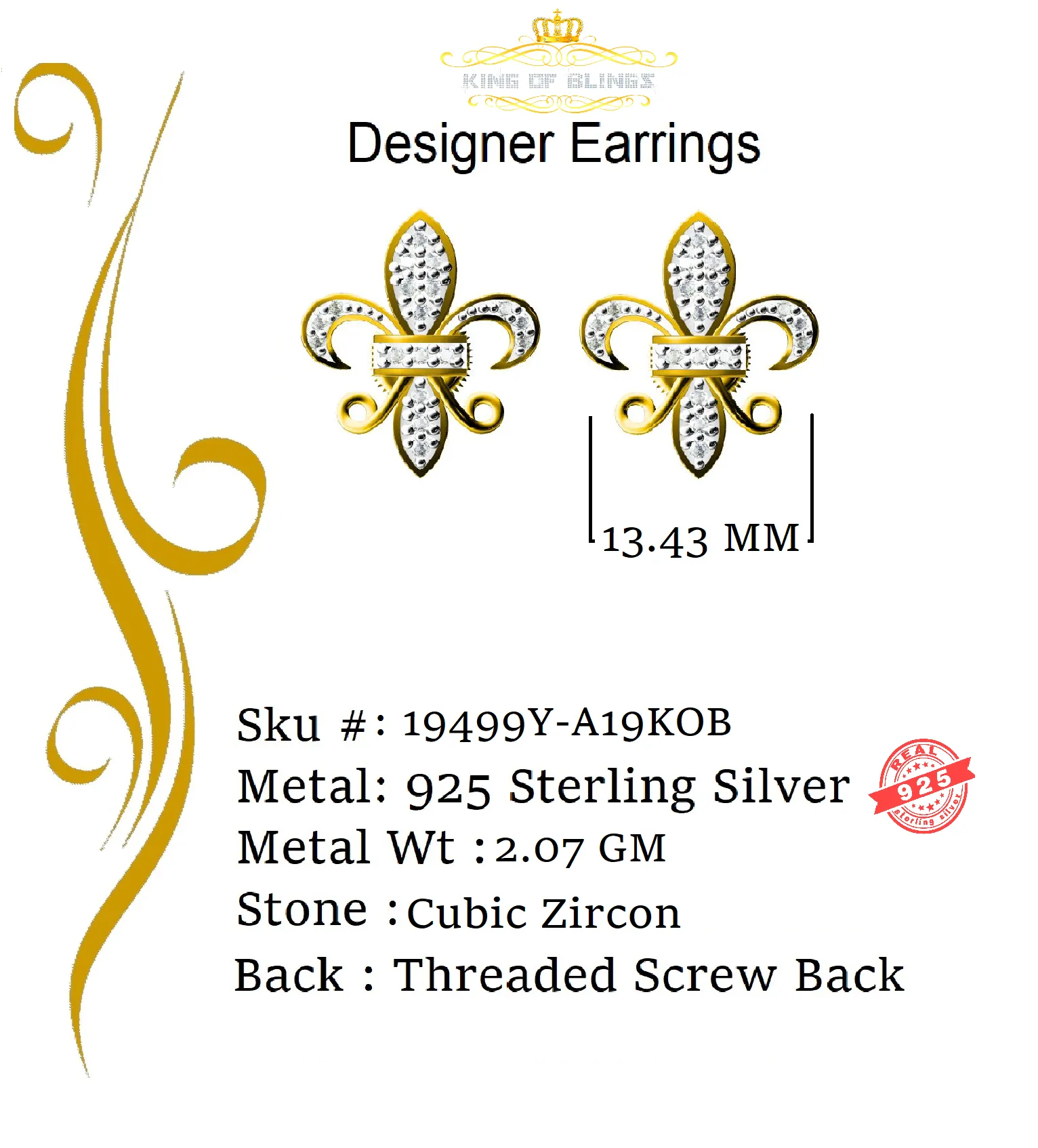 King of Bling's 925 Yellow Silver Women's Fleur de Lis Screw Back 0.36ct Cubic Zirconia Earrings