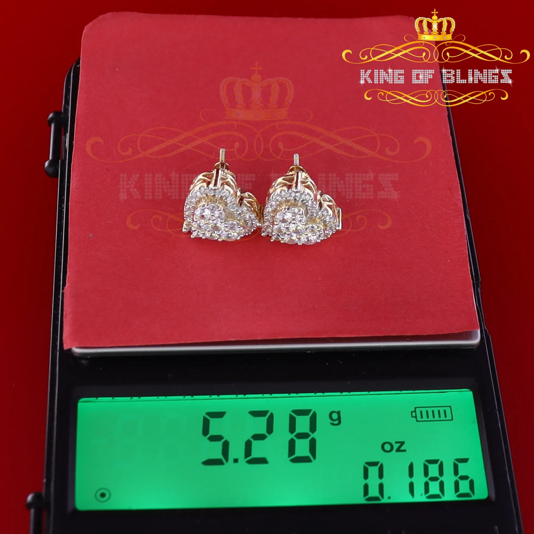 King of Bling's Aretes Para Hombre 925 Yellow Silver 2.68ct Cubic Zirconia Heart Women's Earring