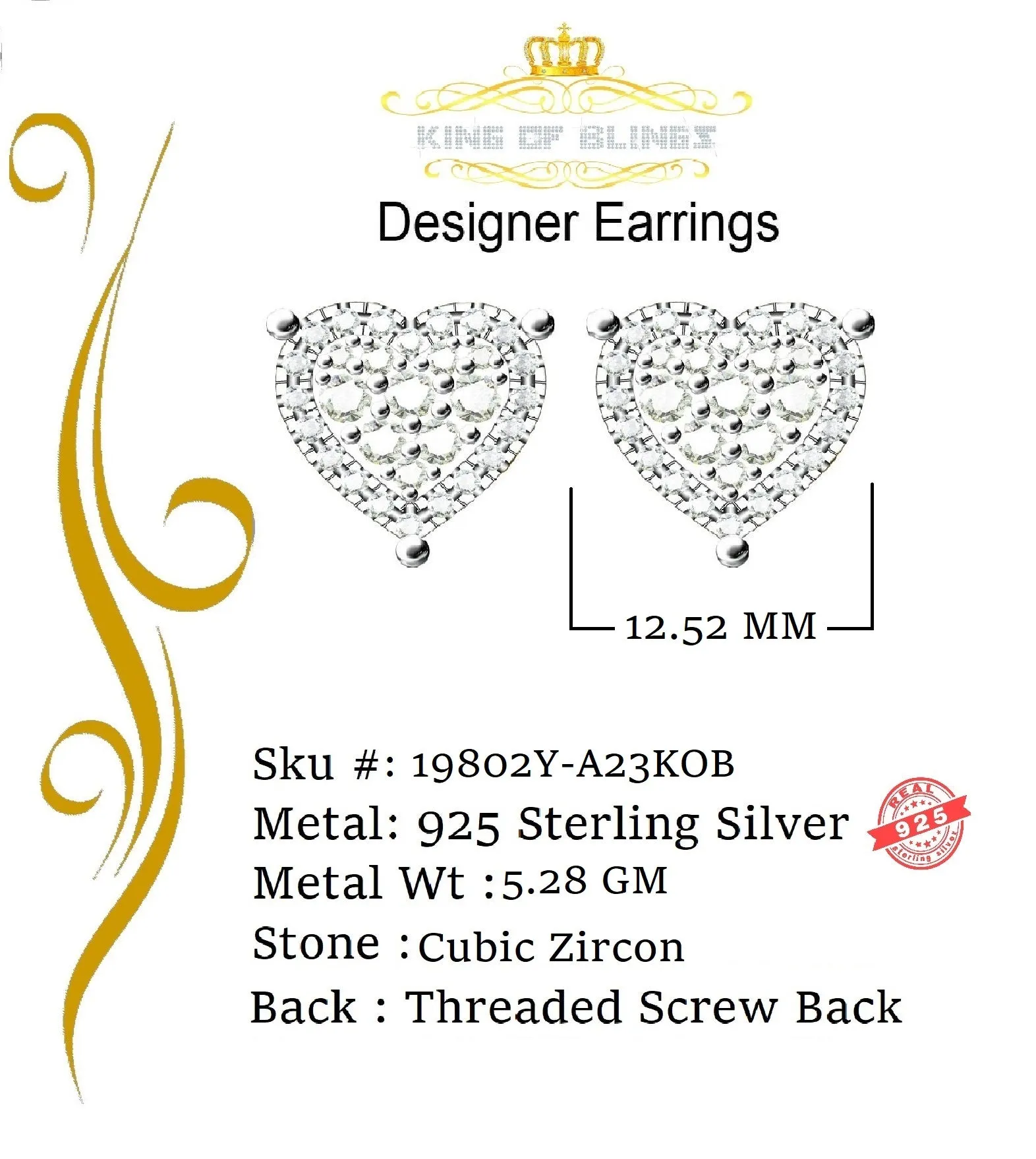 King of Bling's Aretes Para Hombre 925 Yellow Silver 2.68ct Cubic Zirconia Heart Women's Earring