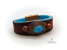 Leather Cuff Bracelet with Turquoise, Southwestern Style Cuff,  Size 7.5 inch