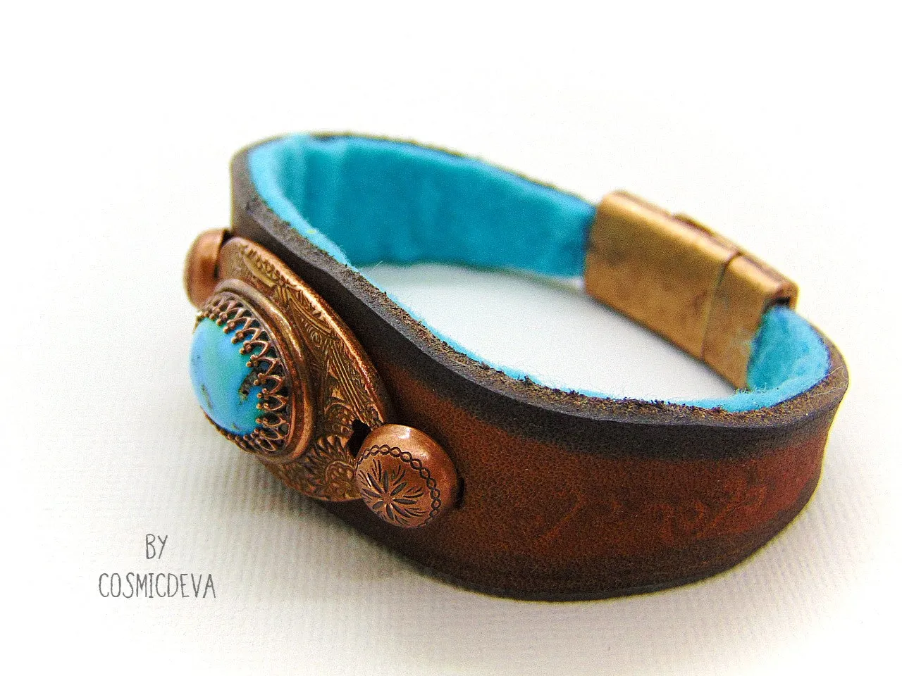 Leather Cuff Bracelet with Turquoise, Southwestern Style Cuff,  Size 7.5 inch