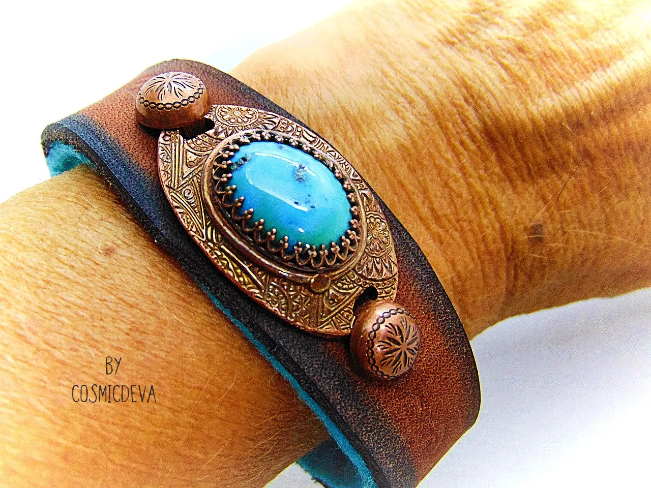 Leather Cuff Bracelet with Turquoise, Southwestern Style Cuff,  Size 7.5 inch