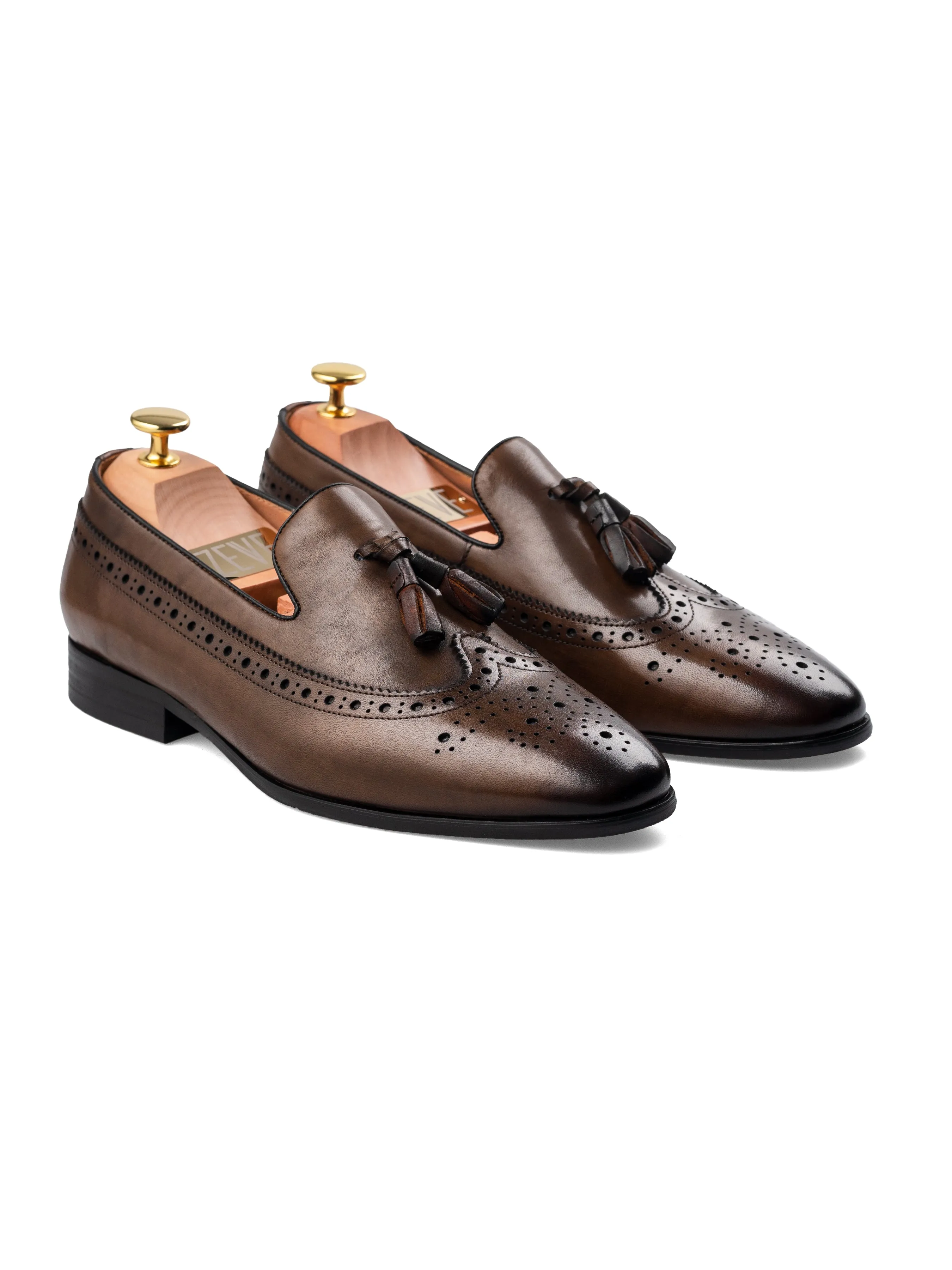 Loafer Slipper Longwing Brogue - Khakis with Tassel (Hand Painted Patina)