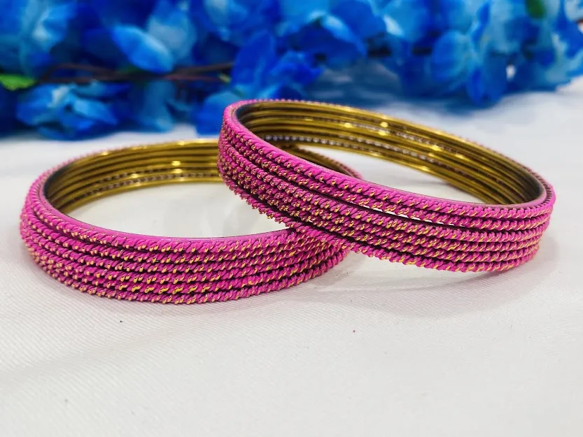 Lovely Pink Color Plain Lehar Dot Printed Gold Plated Bangle With Glitters