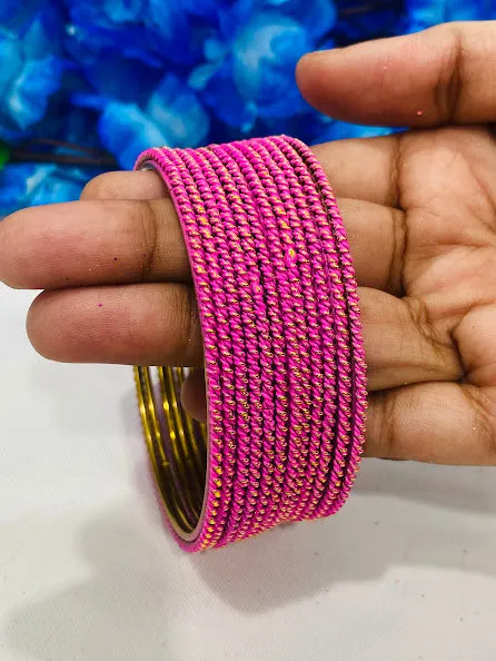 Lovely Pink Color Plain Lehar Dot Printed Gold Plated Bangle With Glitters