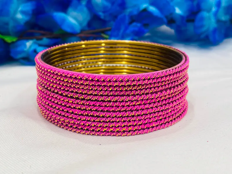 Lovely Pink Color Plain Lehar Dot Printed Gold Plated Bangle With Glitters