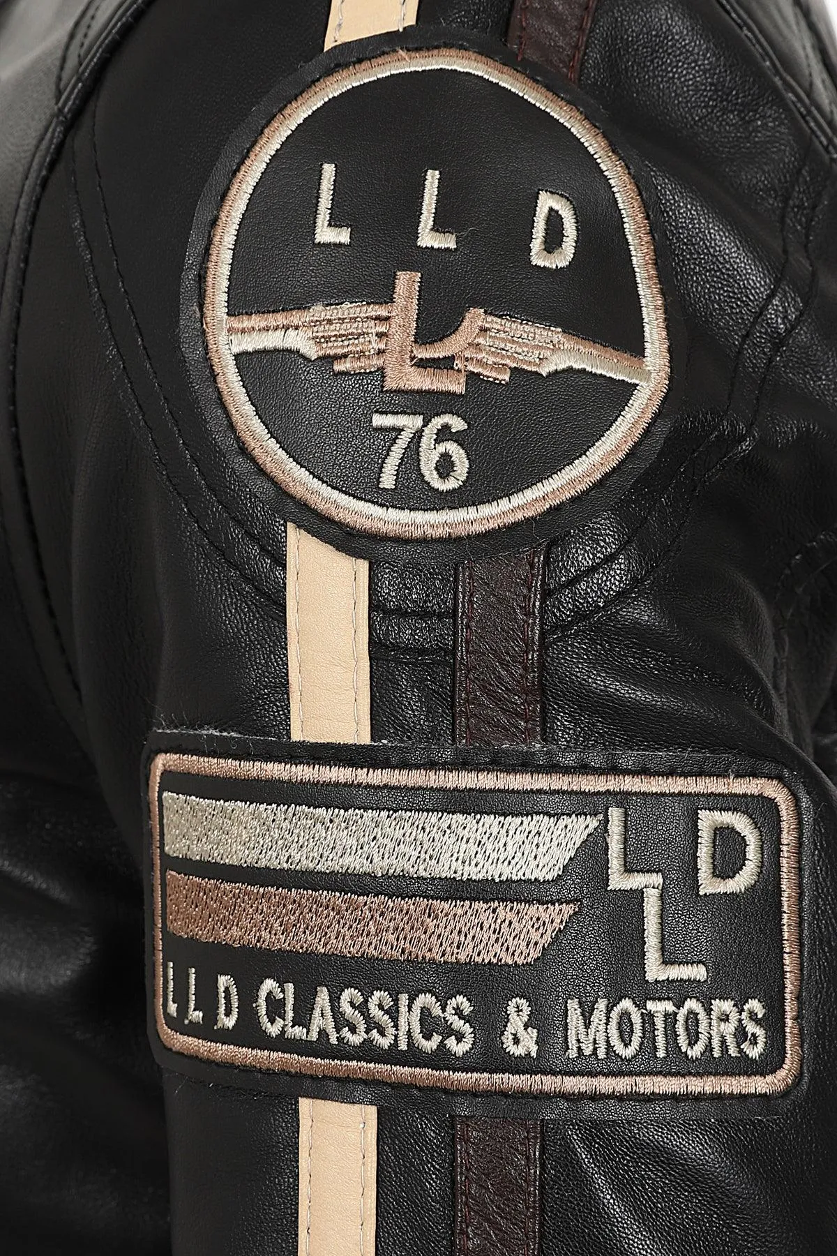 Men's Real Leather Biker Jacket with Racing Stripes and Badges - 'BLAKE'