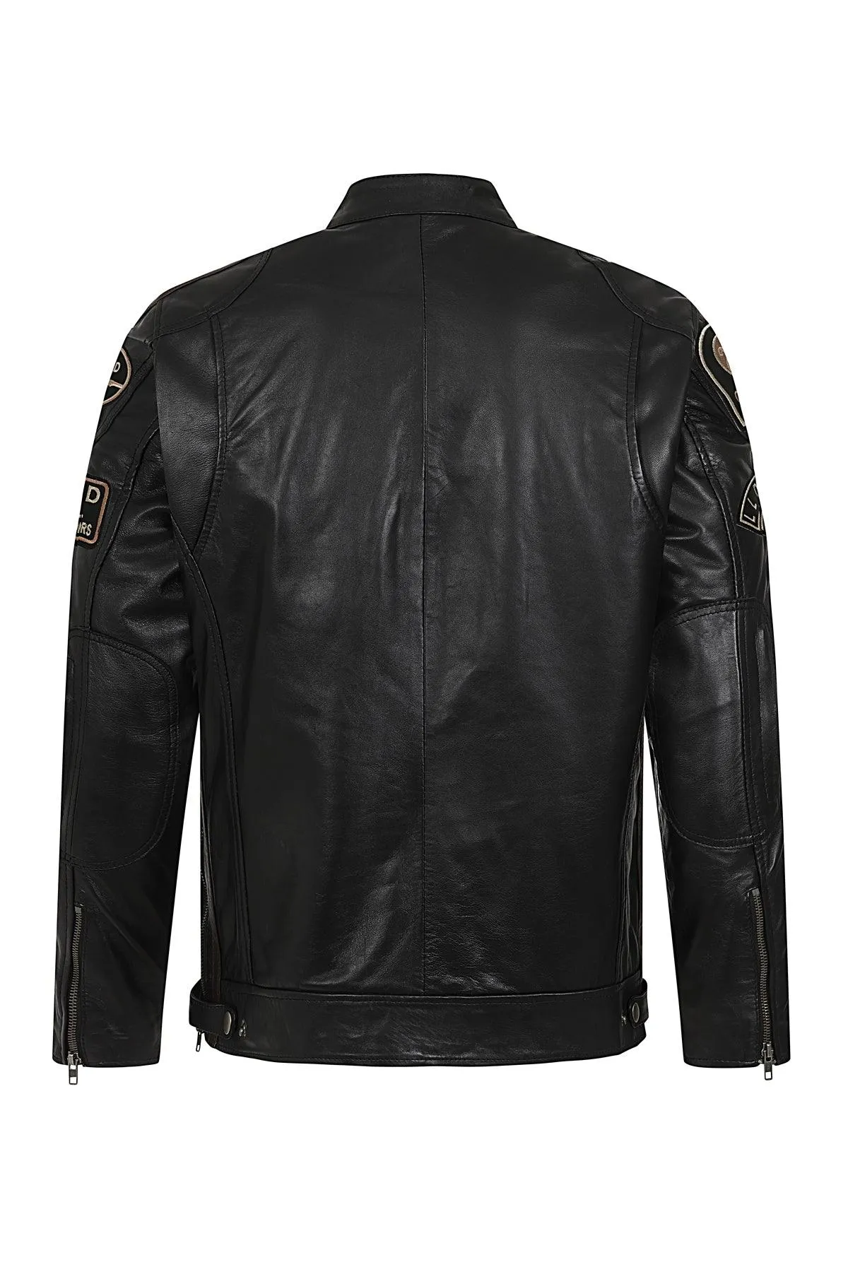 Men's Real Leather Biker Jacket with Racing Stripes and Badges - 'BLAKE'